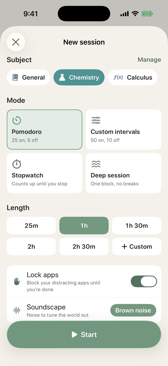 The new session screen with Lock apps switched on